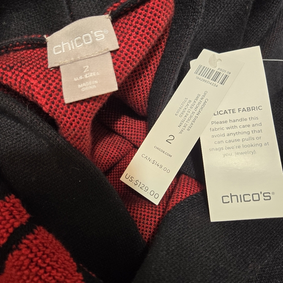 Chico's Red & black scroll long cardigan - Picture 9 of 10